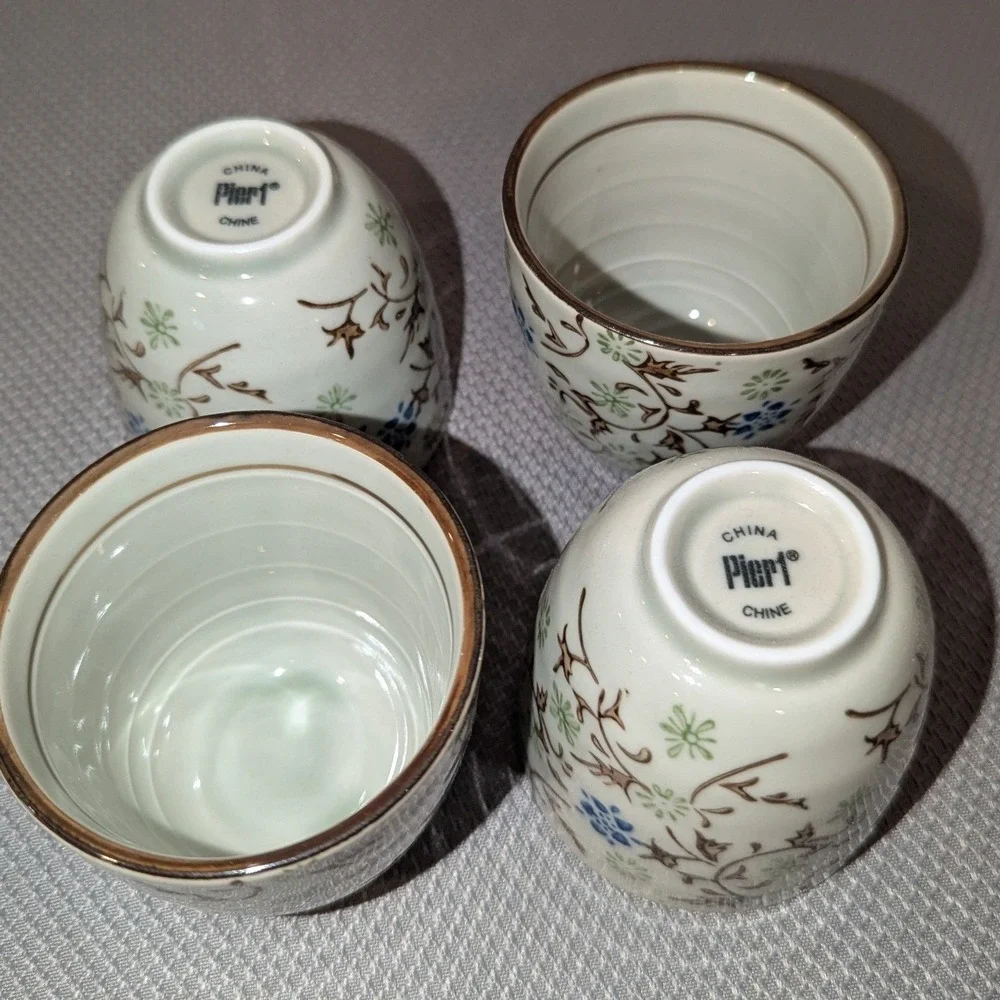 Pier 1 Imports Tomoko 6 Piece Tea Set Floral Ceramic Teapot 4 Cups Metal Stand